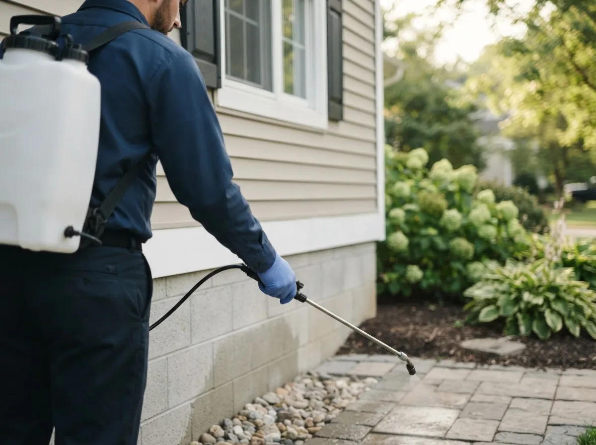 Pest control technician inspecting a home in Stanford, IL